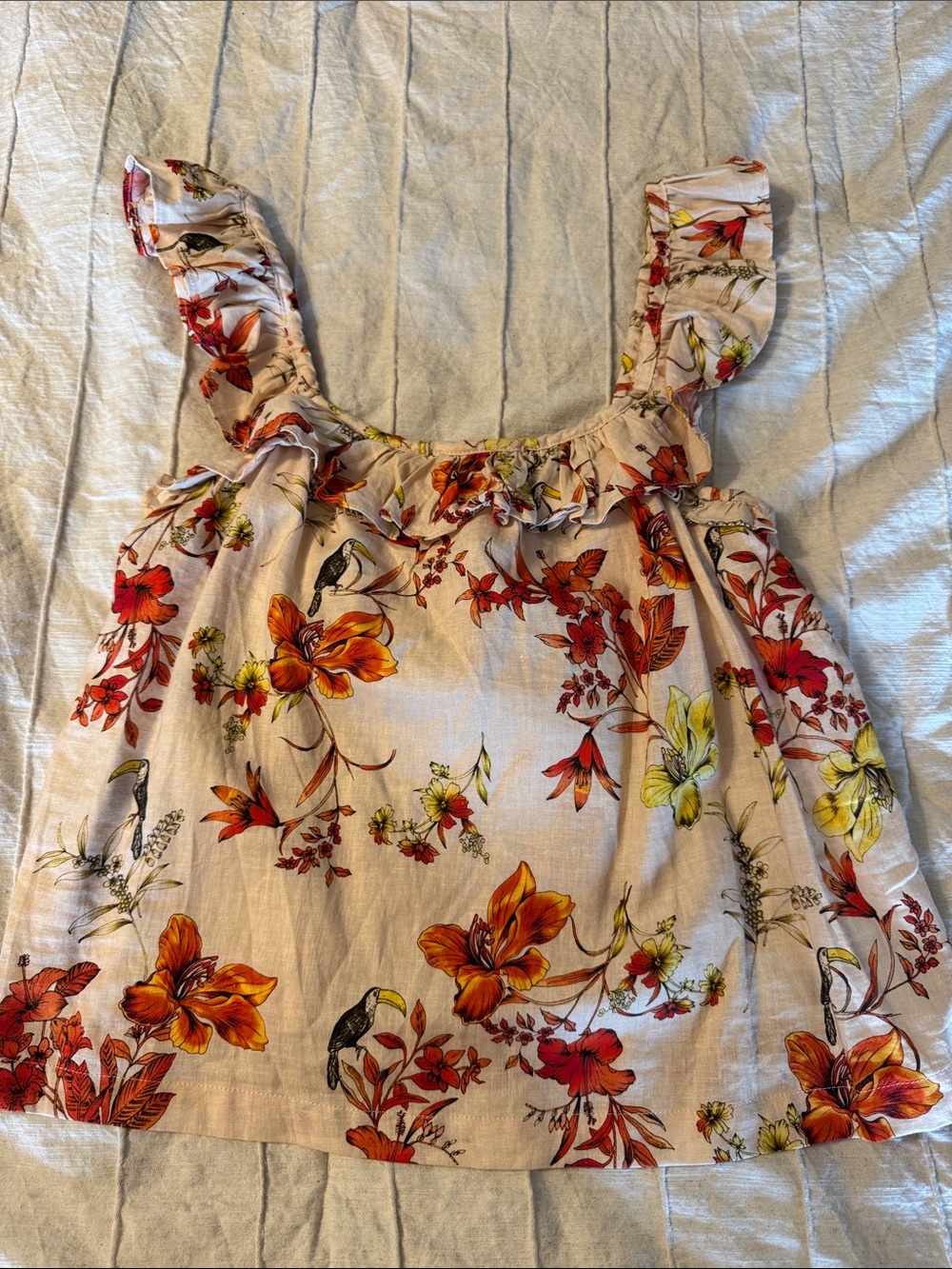 Evereve Beige Floral Ruffle-Strap Camisole with Orange & Yellow Blooms